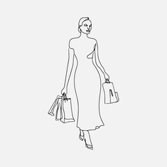 Woman shopping fashion style hand drawing monoline illustration