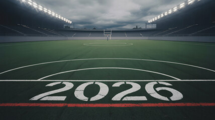 Empty American Football Stadium Field with 2026 Painted on the Grass Near the Goalpost Under Dark Cloudy Sky and Bright Floodlights Sports Event Backdrop