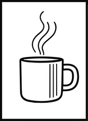 Black thick outline with white background, Simple line art of coffee mug on desk 1