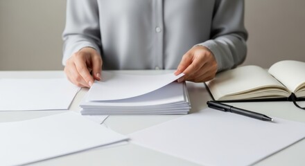 A faceless woman organizes a stack of blank paper on a white desk with a notebook and pen nearby. A minimalist scene of office work and preparation.