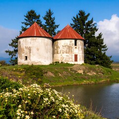 Obraz premium Two weathered silos by a pond, bright day
