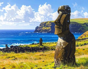 Easter Island Moai Statues and Coastal Landscape Under a Bright Blue Sky