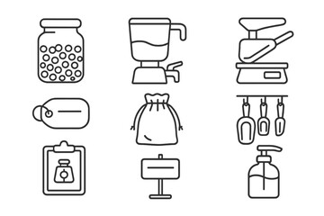 Refill Store Icons. Line style icons of bulk and refill store items: glass jar with grains, refill station pump, scoop scale,