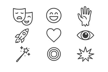 Indie Film Icons. Line style icons of indie film genres: drama mask, comedy face, horror hand, sci-fi spaceship, romance heart,