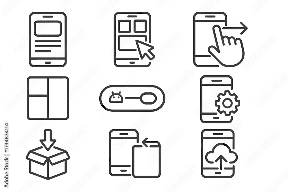 Wall mural mobile development icons. line style icons of mobile low-code development: phone preview, mobile lay
