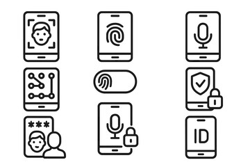Mobile Biometric Icons. Line style icons of mobile biometric authentication: face unlock, fingerprint unlock, voice assistant