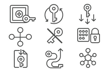Key Management Icons. Line style icons of key management systems: key vault, secure key rotation, key lifecycle flow, distributed