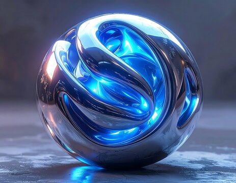 A gleaming, metallic sphere, intricately sculpted with swirling, luminous blue light, rests on a textured surface.