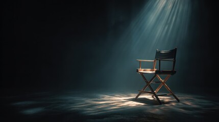 Directors chair lit by dramatic light concept for stage film or production