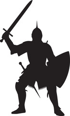 medieval warrior silhouette standing ready with sword shield armor heraldic combat pose vector