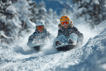 Fototapeta premium Two children wearing helmets and goggles sledding down snowy hill at high speed