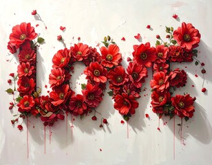 Intricate floral design spelling out the word "love" in a rich red palette against a crisp white backdrop.