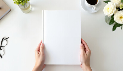 Closed book mockup in hands on white table with coffee, flowers and glasses