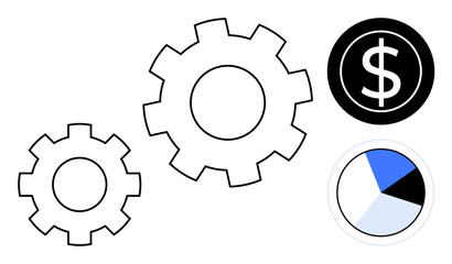 Interlocking gears, dollar sign in a circle, and pie chart representing processes, finance, and analytics. Ideal for teamwork, business, strategy, productivity growth operations simple flat