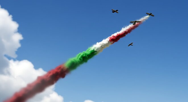 Formation of aircraft in flight creating a red white and green smoke trail - Powered by Adobe