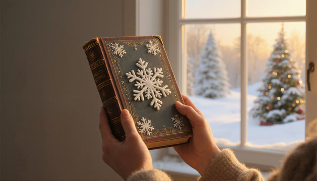 Hands holding closed old book with snowflake cover near window with snow and Christmas tree (copy space)