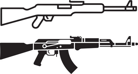 ak47 rifle vector pack black outline and filled silhouette, scalable ai eps png jpeg