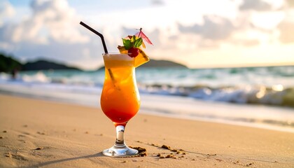 Tropical cocktail on a beach at sunset