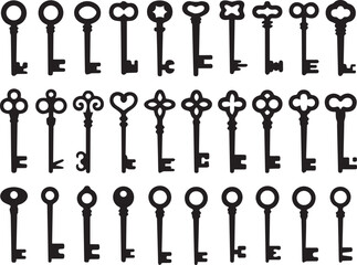 set of antique key silhouettes vector illustration retro ornate bow shapes isolated on white