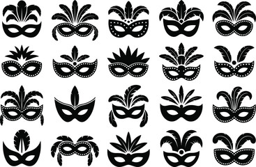 Set of black carnival masquerade mask icons for festive party design