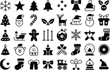 A collection of black glyph icons for the Christmas holiday season and winter festivities