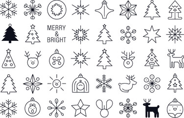 A diverse collection of minimalist Christmas line art icons for festive holiday design projects
