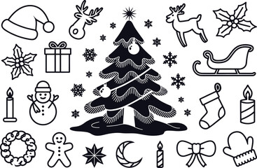 A festive collection of monochrome Christmas and New Year outline icons for holiday design