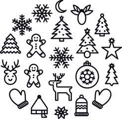 Christmas celebration icons in a minimal line art style. Holiday vector graphic element collection