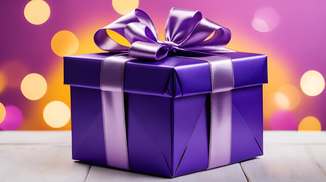 A beautifully wrapped purple gift box adorned with a shiny bow, set against a vibrant backdrop, exuding feelings of celebration, surprise, and cherished moments in life.