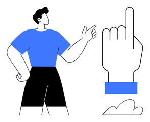 Fototapeta na wymiar Confident individual pointing upward next to an oversized raised hand gesture. Ideal for teamwork, leadership, decision-making, confidence, guidance, goal-setting, motivation. Minimal style simple