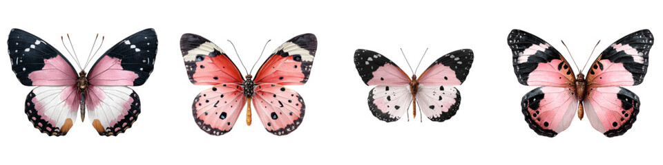 Four Delicate Butterflies with Pink and Black Wings, Graceful Flying Insects for Spring Designs, Charming Nature Elements, Vector Graphics for Elegant Invitations