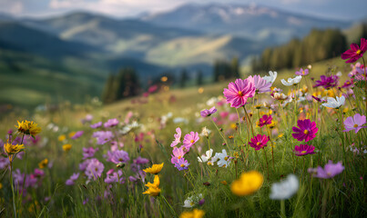 Fototapeta premium A Wide Shot Of Colorful Wildflowers In Full Bloom, With Rolling Hills And Mountains Visible, Blurred In The Background_