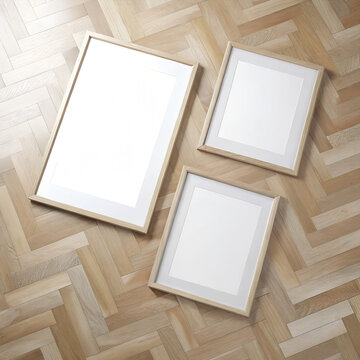 Frame mockup laying on natural parquet floor, 3d render