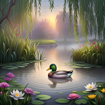 duck on the lake with flowers
