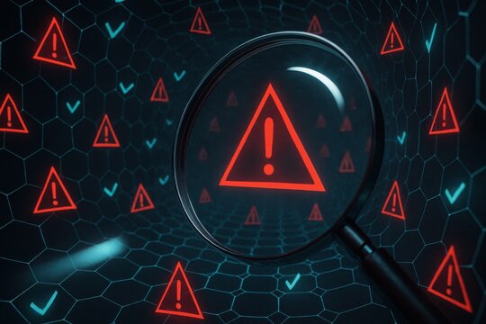 Magnifying glass focusing on glowing red digital warning symbols in cybersecurity background 
 - Powered by Adobe