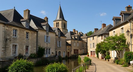 Obraz premium Historic european townscape with waterway houses and church on a sunny day