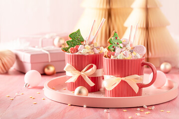 Sweet chocolate with gingerbread, marshmallows and cream.