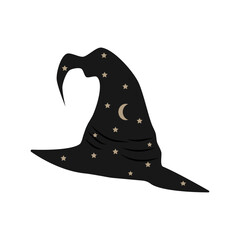 Halloween hat isolated on white background black witch hat with stars and moon vector illustration
