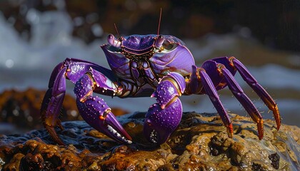 A vibrant purple crab commands attention on a rocky seashore, showcasing detailed textures and striking colors.
