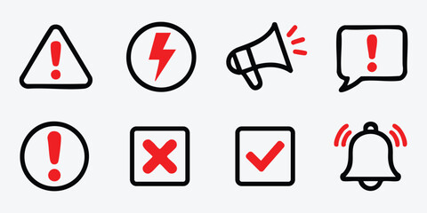 Set of Alert Warning Notification Icons in exclamation mark, triangle, circle, speech bubble, megaphone, electricity, power, Line Vector Style on White Background