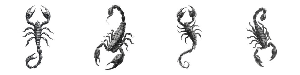 Four stunning scorpion illustrations, ideal for tattoo designs, edgy branding, or mystical themes, conveying strength, intensity, and a touch of enigmatic danger