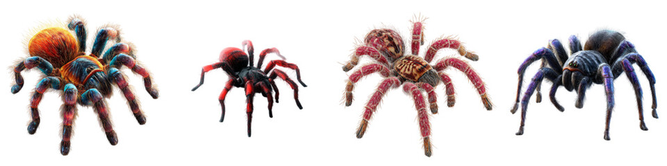 Exotic Tarantula Collection, Colorful Spiders in Vivid Detail, Unique Arachnid Specimens for Education or Design, Stunning Exotic Wildlife Illustration