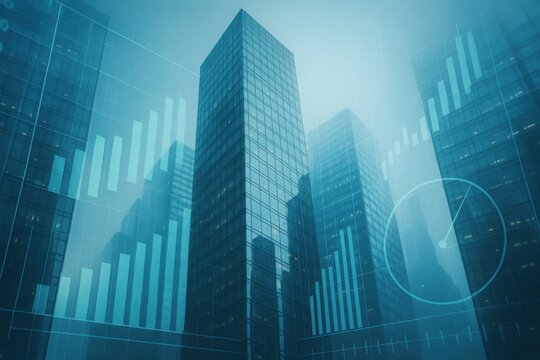 City skyscrapers with digital stock market charts and performance meter overlay 
