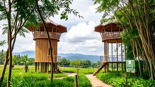 Sustainable farming practices often incorporate structures like these bamboo observation towers, blending nature with eco friendly design