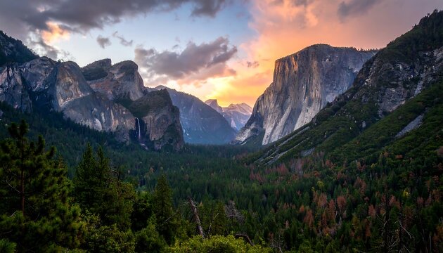 A breathtaking view of a Yosemite Valley landscape at sunrise, showcasing majestic granite cliffs, lush forests, and a vibrant sky.