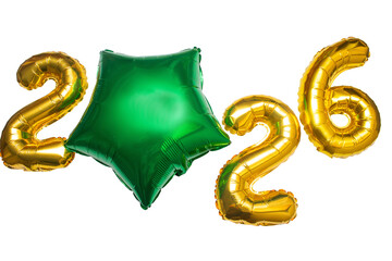 A golden sign with the year 2026 written on it with a green star.