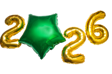 A golden sign with the year 2026 written on it with a green star.