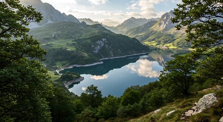 Scenic lake view framed by lush greenery and majestic mountains under sunlight