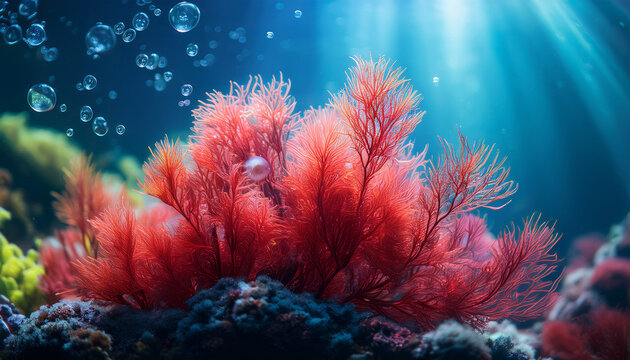 Vibrant Underwater Red Algae With Bubbles And Soft Focus Background High Resolution Photo