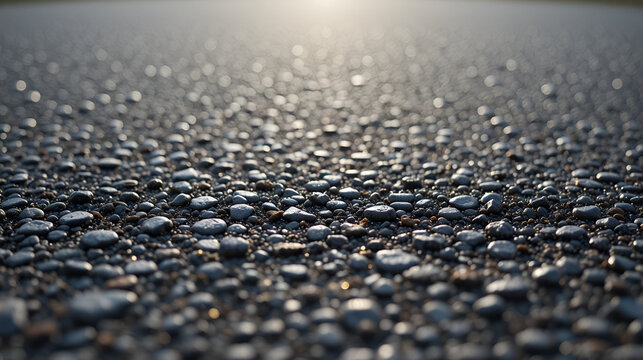 Close-up of textured asphalt road surface with visible small stones and rough granules reflecting light